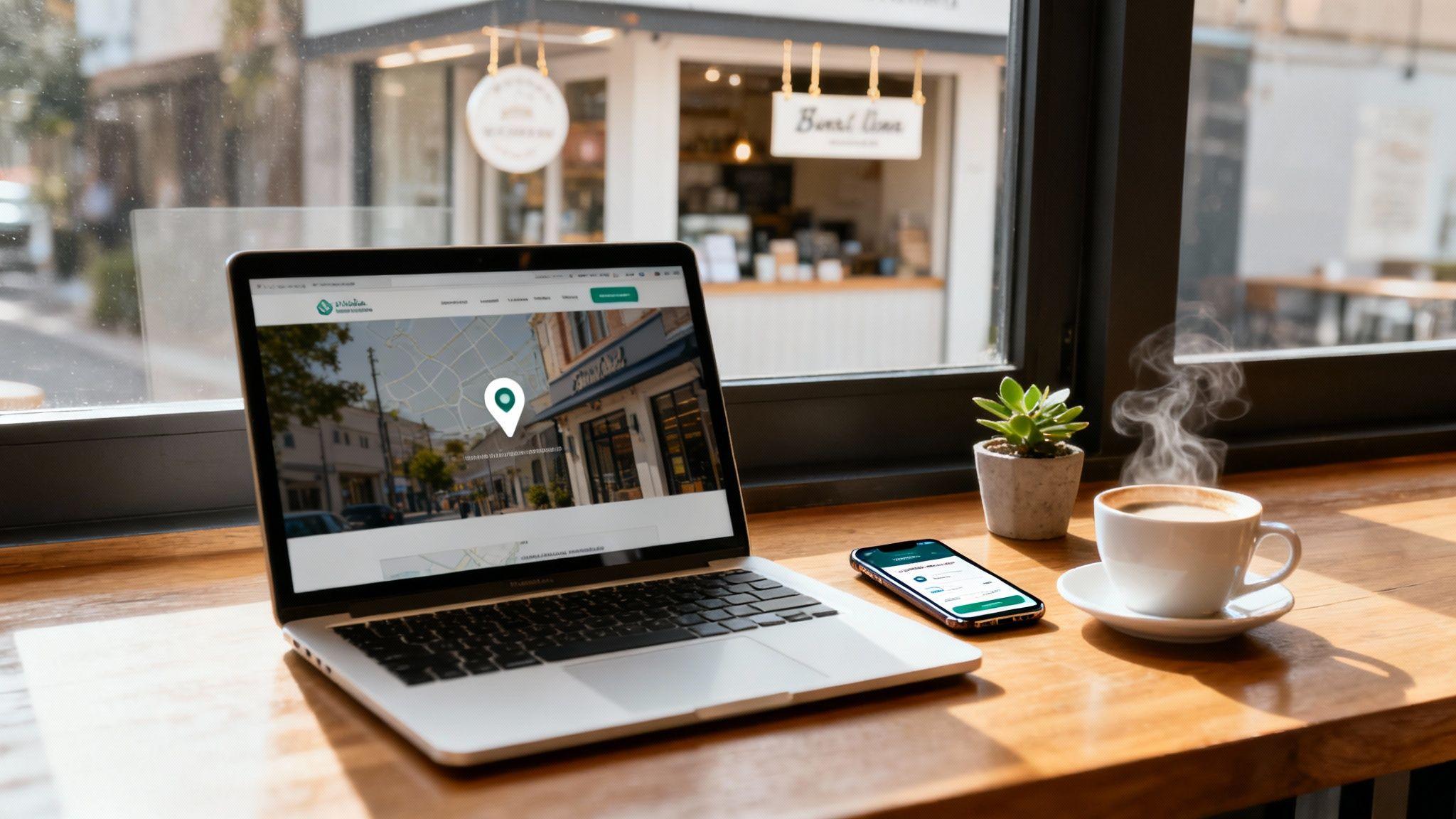 Laptop displaying location map on wooden desk with coffee cup, smartphone, and potted plant in modern café setting.