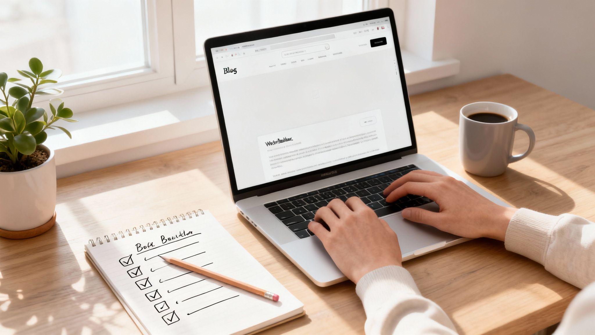 Person typing on laptop displaying blog page with notebook checklist, coffee mug and plant on wooden desk