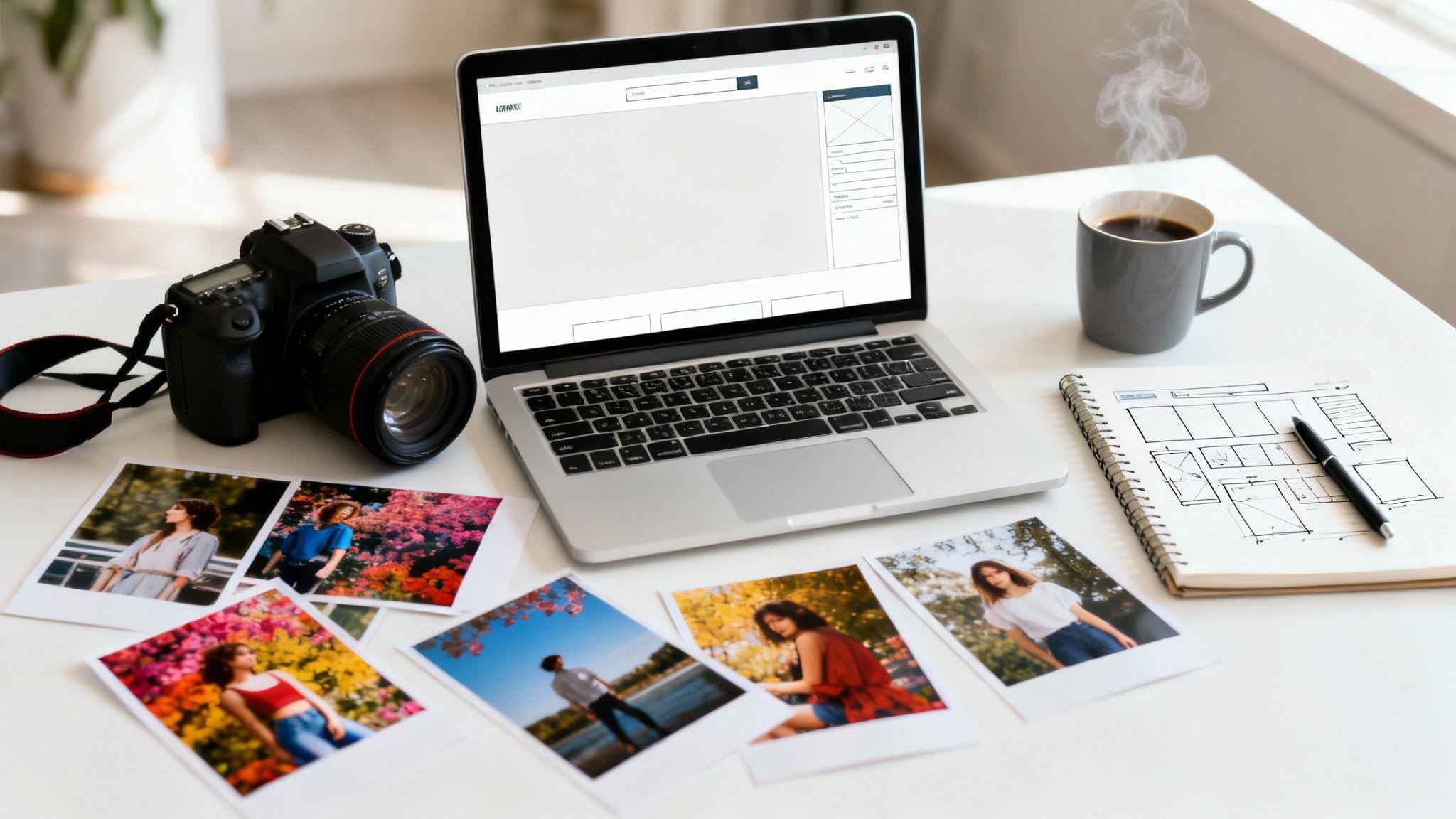 Photography workspace with laptop, DSLR camera, printed photo samples, sketchbook, and coffee mug on white desk.