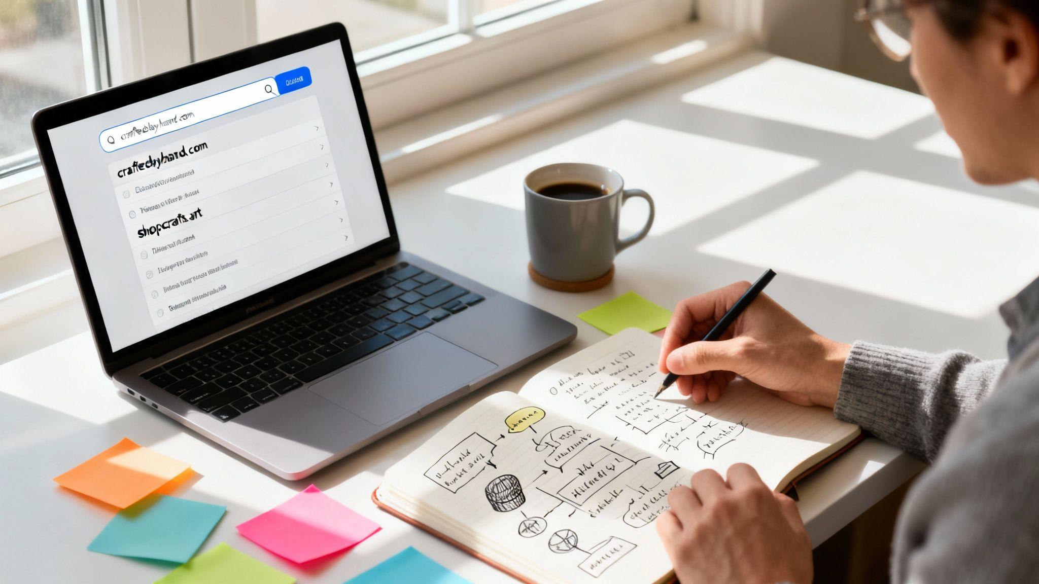 Designer sketching website wireframe with laptop showing domain search results and coffee on sunlit desk