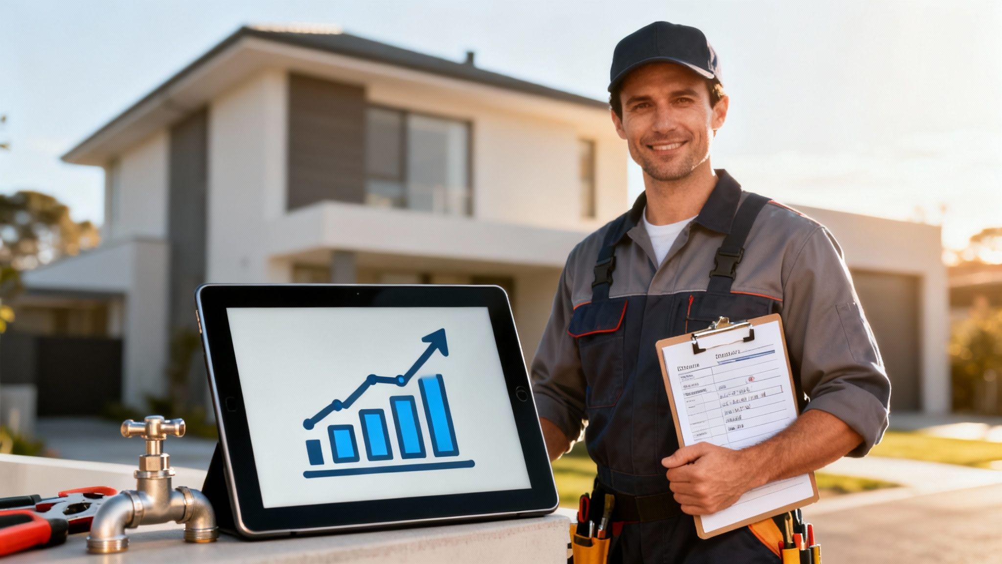 Professional plumber with tablet showing growth chart, clipboard, and tools in front of residential home
