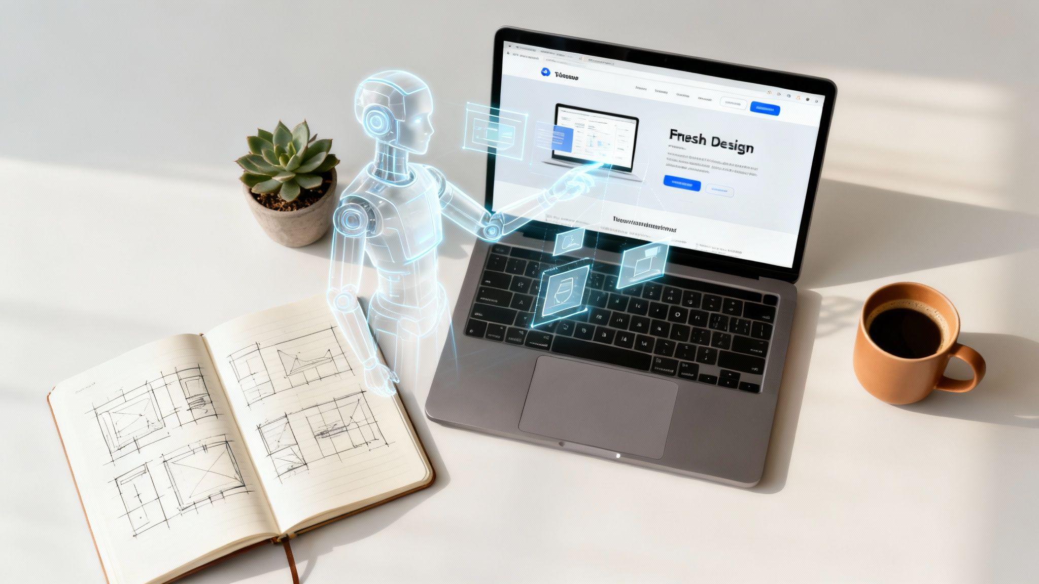 Designer's workspace with laptop displaying "Fresh Design" website, holographic AI figure, architectural sketches, succulent
