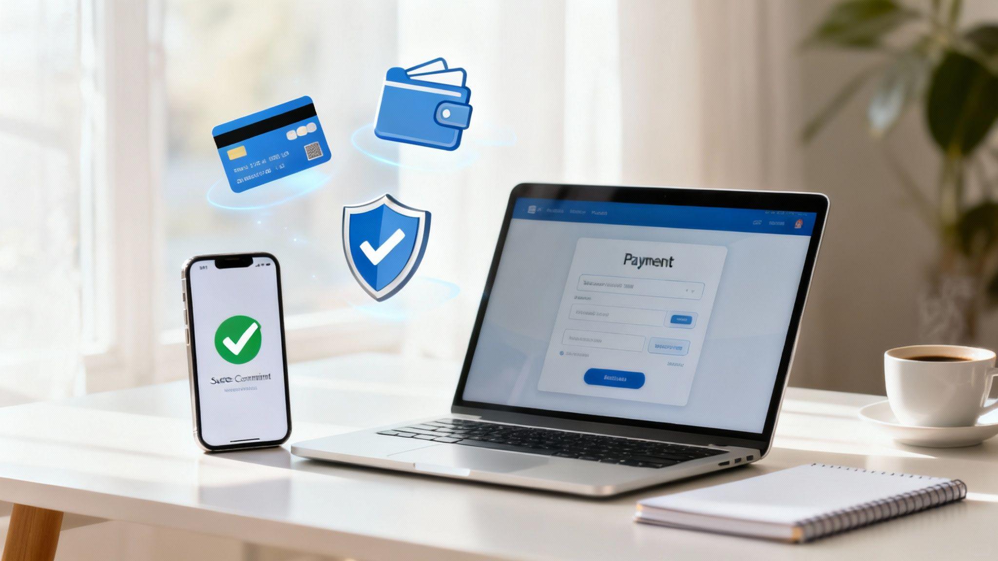 Secure online payment setup with laptop, smartphone, credit card, wallet, and security shield icons on desk