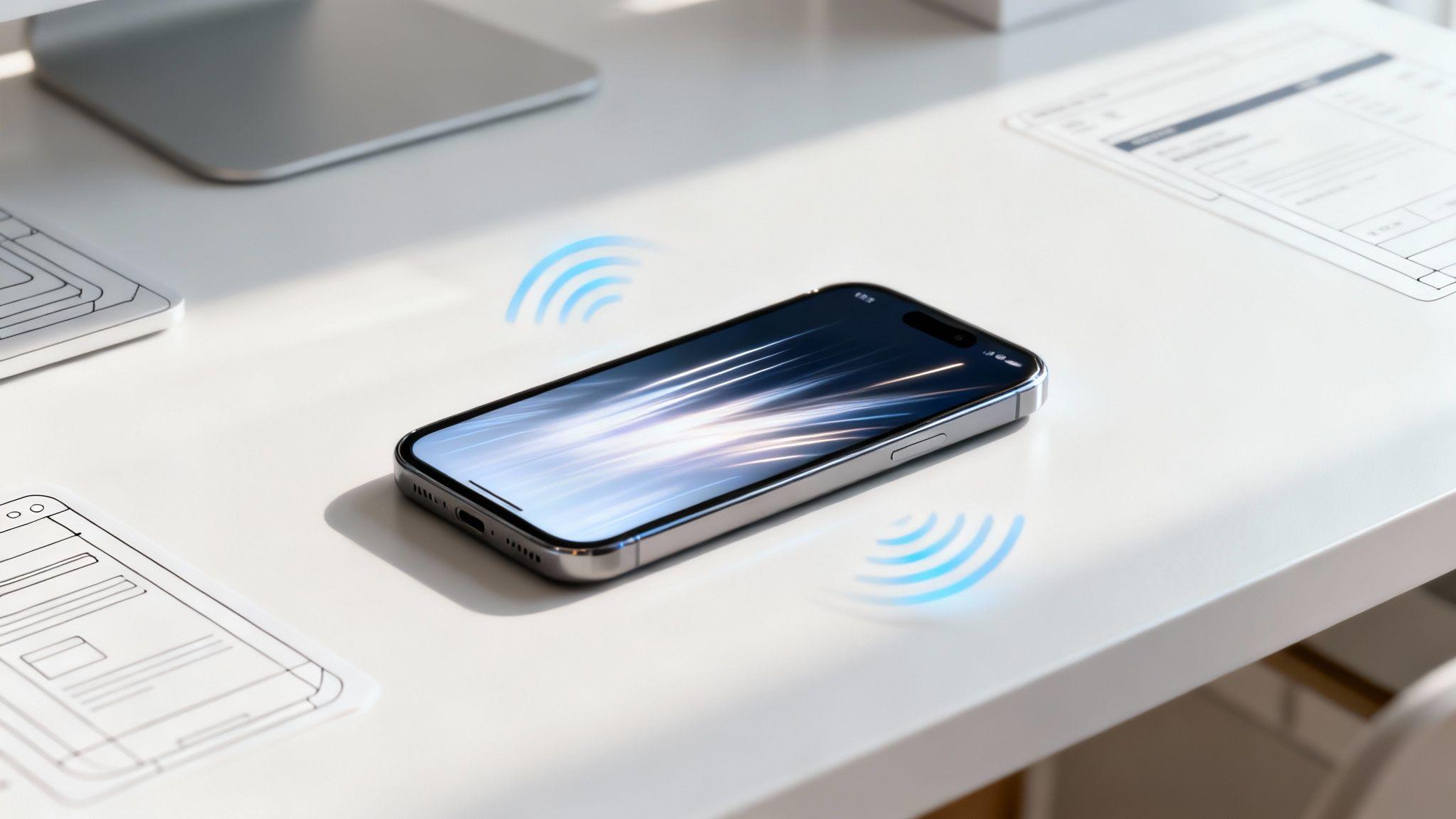 Smartphone on desk with wireless signal icons and app interface, showing mobile optimization concept.