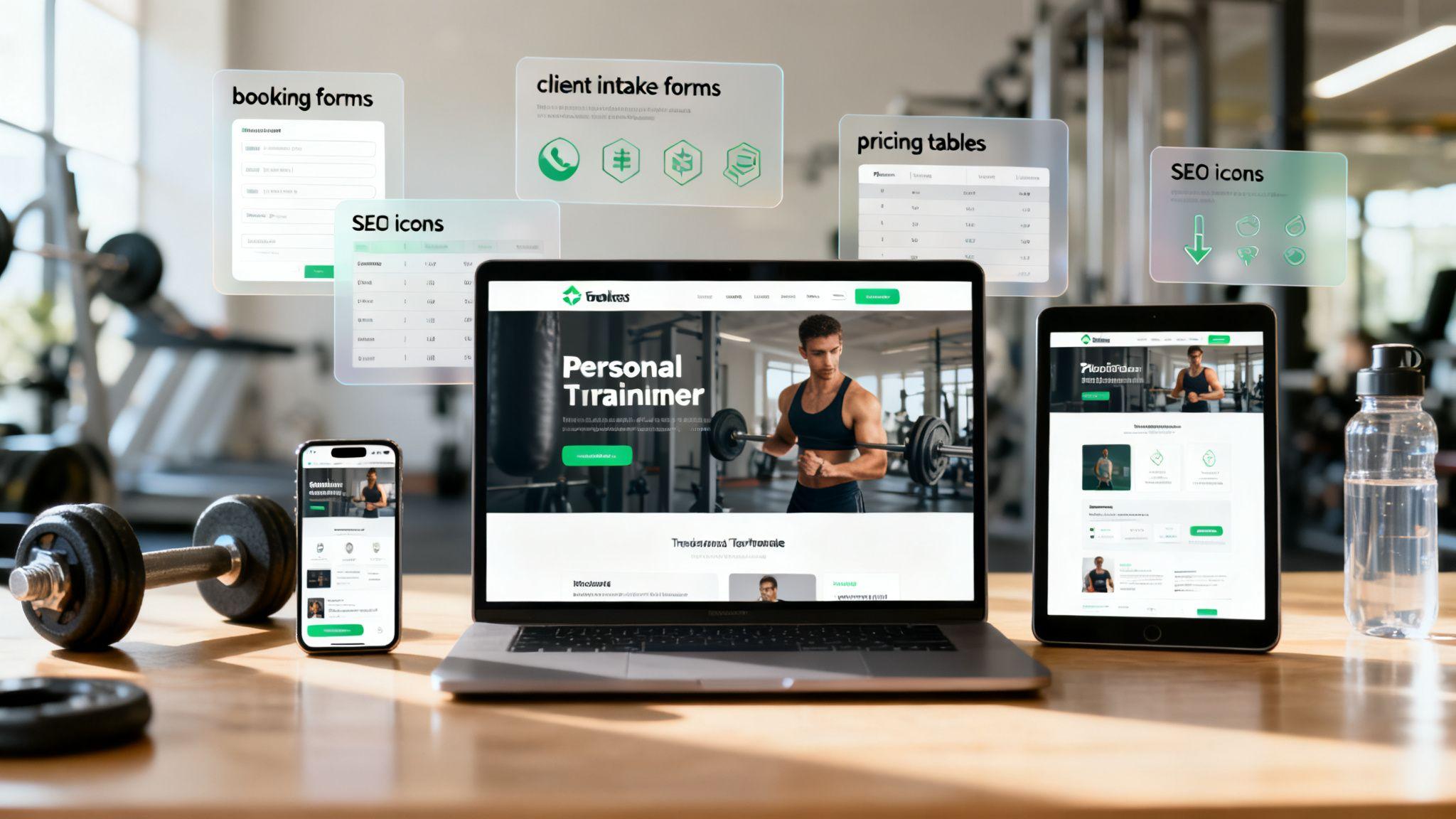 Personal trainer website design components displayed on laptop, tablet, and smartphone with dumbbells in modern gym setting.