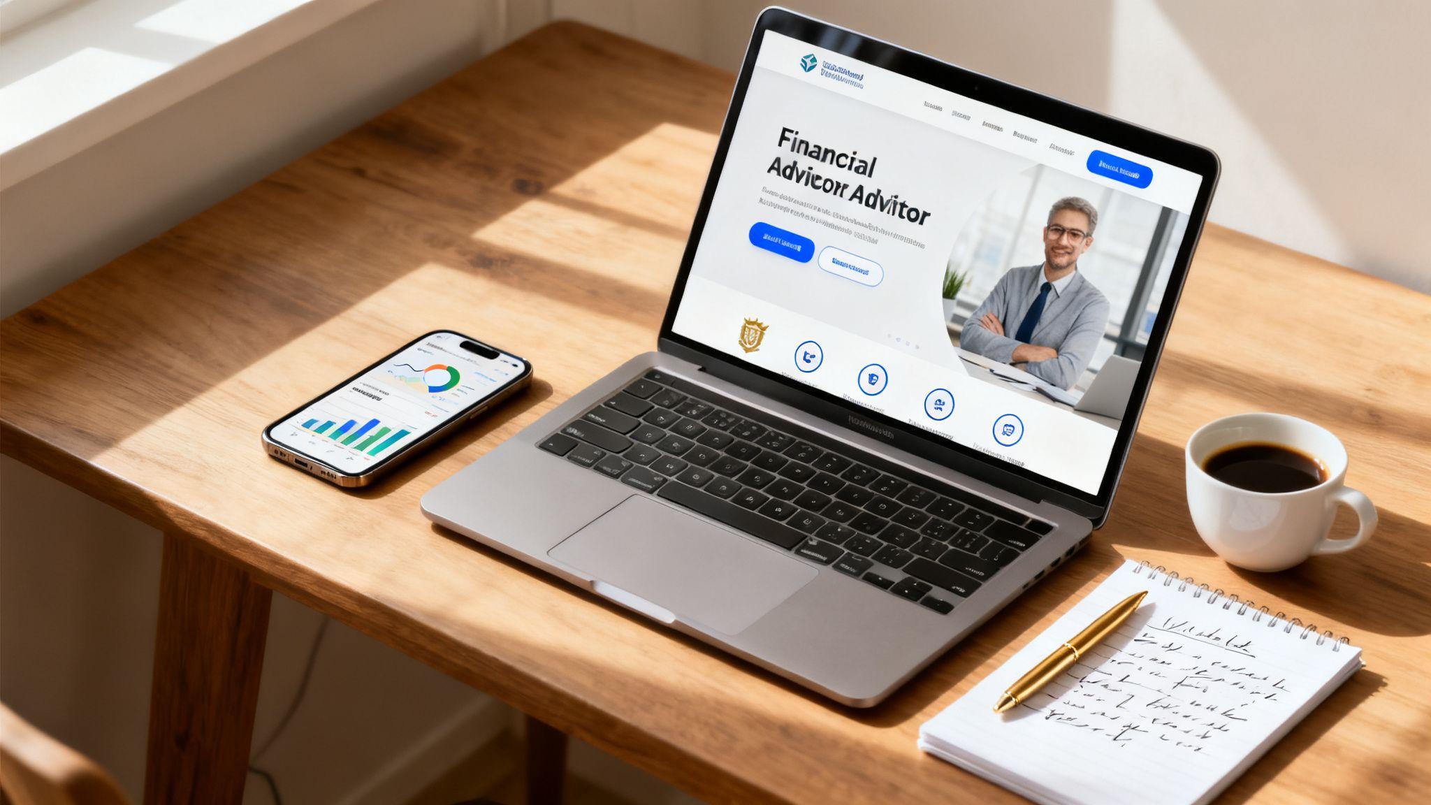 Financial advisor website displayed on laptop with phone analytics and coffee on wooden desk in sunlit office space