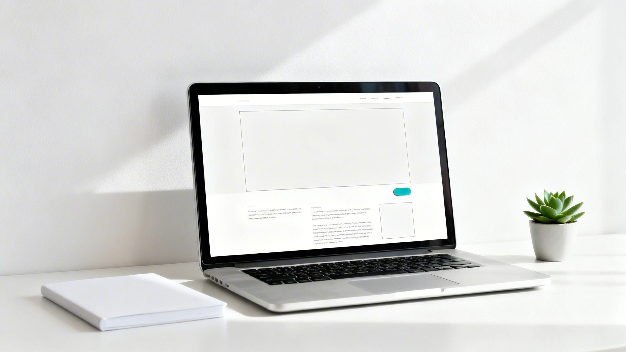 Minimalist laptop workspace displaying website wireframe with turquoise button and ample white space design