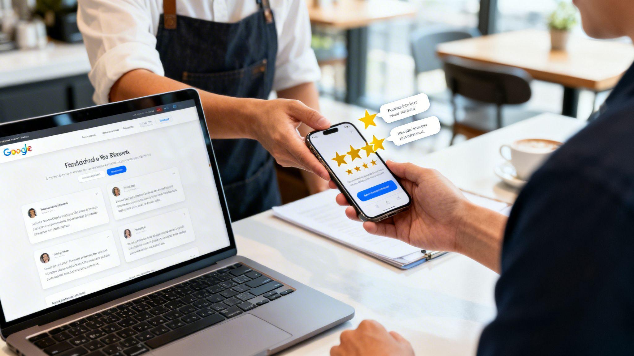 Business owner receiving five-star customer review on smartphone with Google search results displayed on laptop screen in
