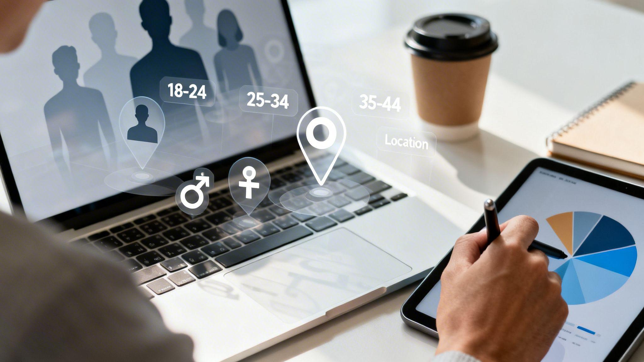 Person analyzing demographic data showing age groups, gender, and location icons on laptop and tablet with analytics charts