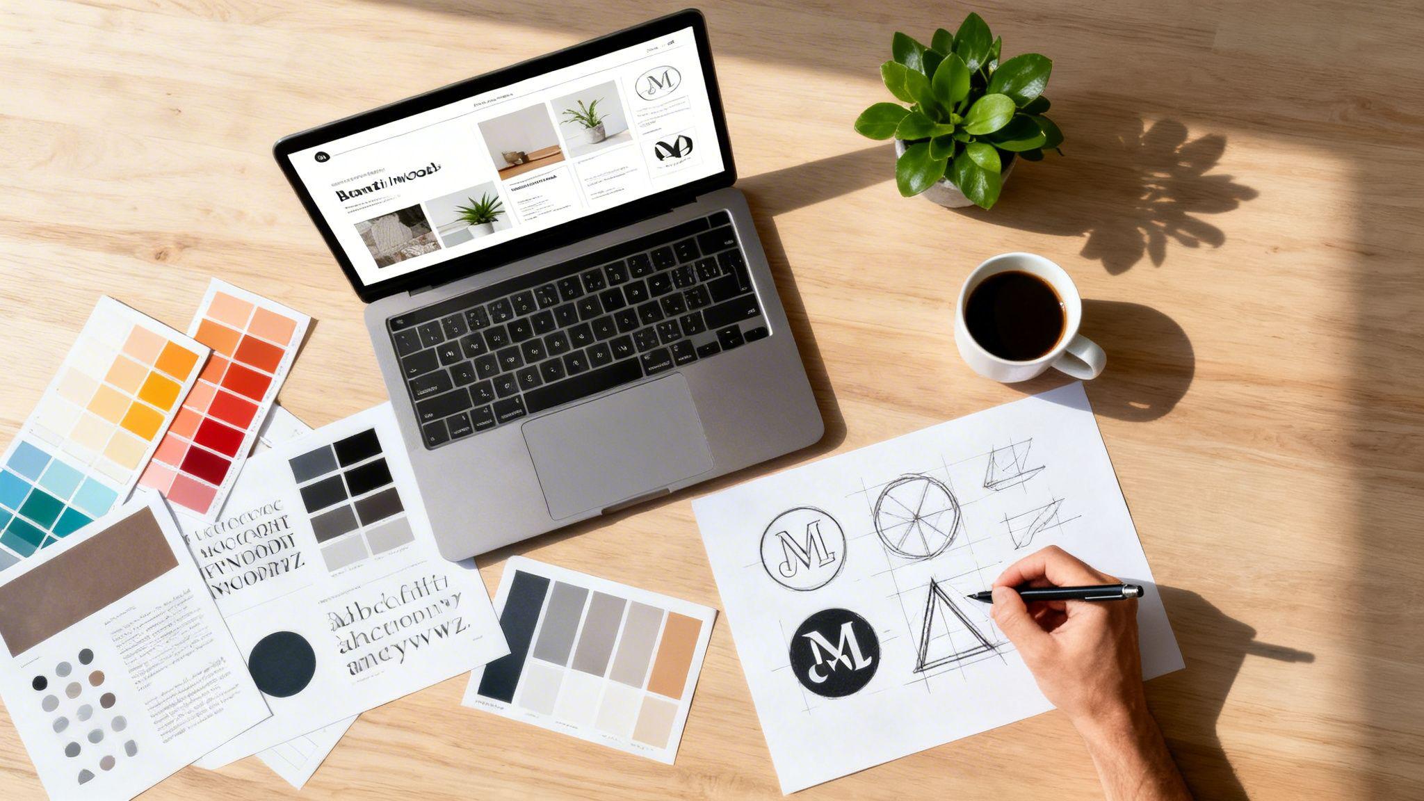 Designer sketching brand logo concepts with color swatches and laptop displaying brand guidelines on wooden desk.