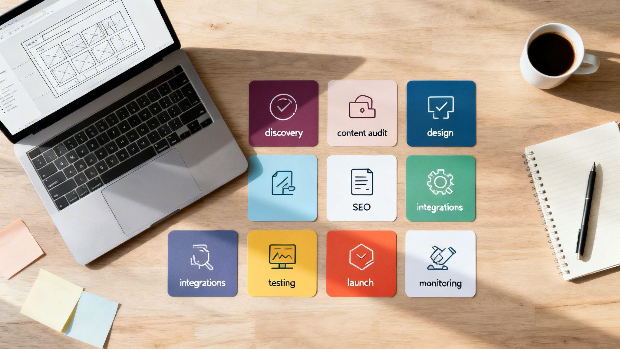 Project workflow diagram showing website redesign phases: discovery, content audit, design, prototyping, SEO, integrations,