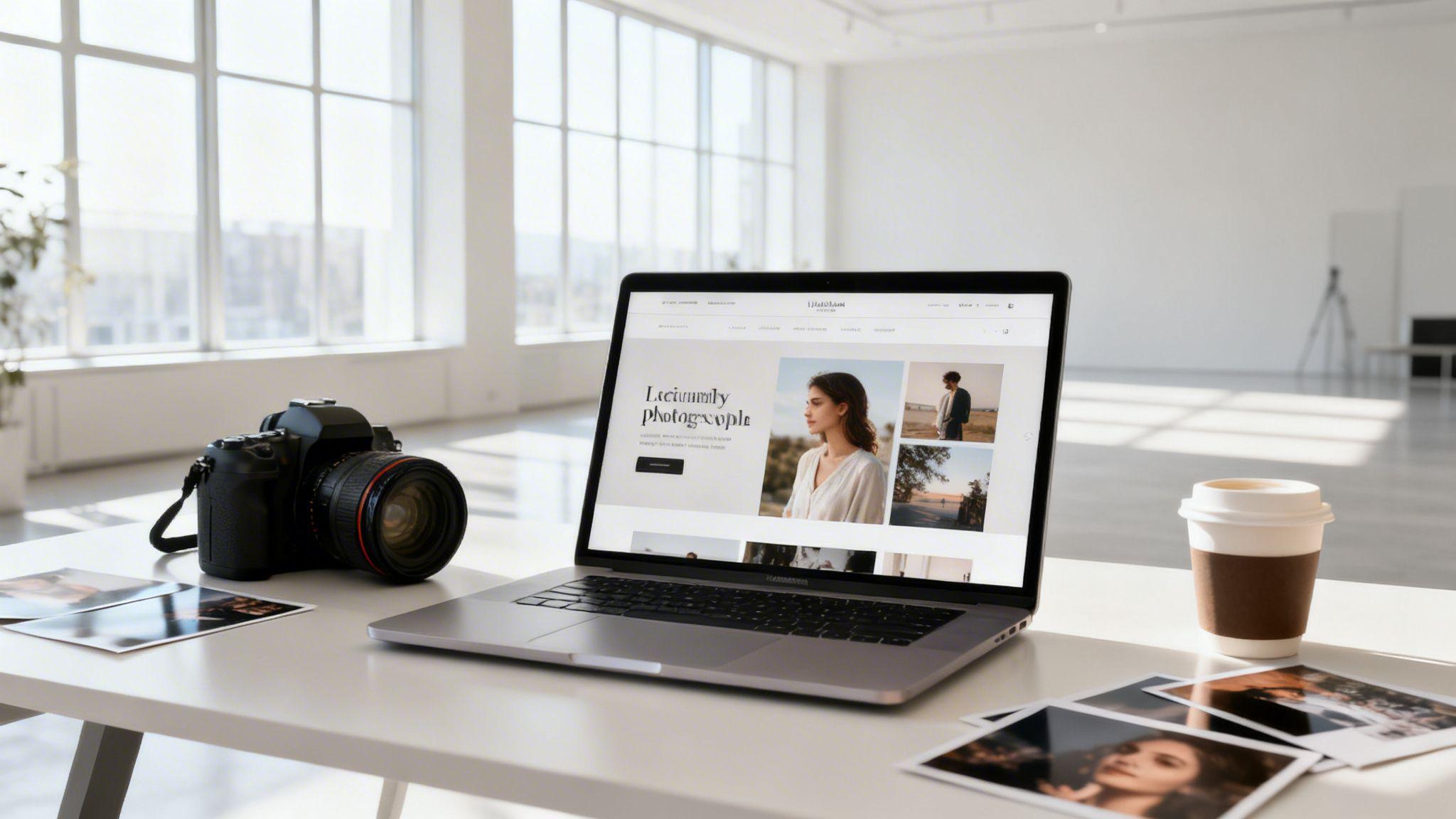 Photography portfolio website displayed on laptop with camera, coffee, and printed photos on bright modern desk with city