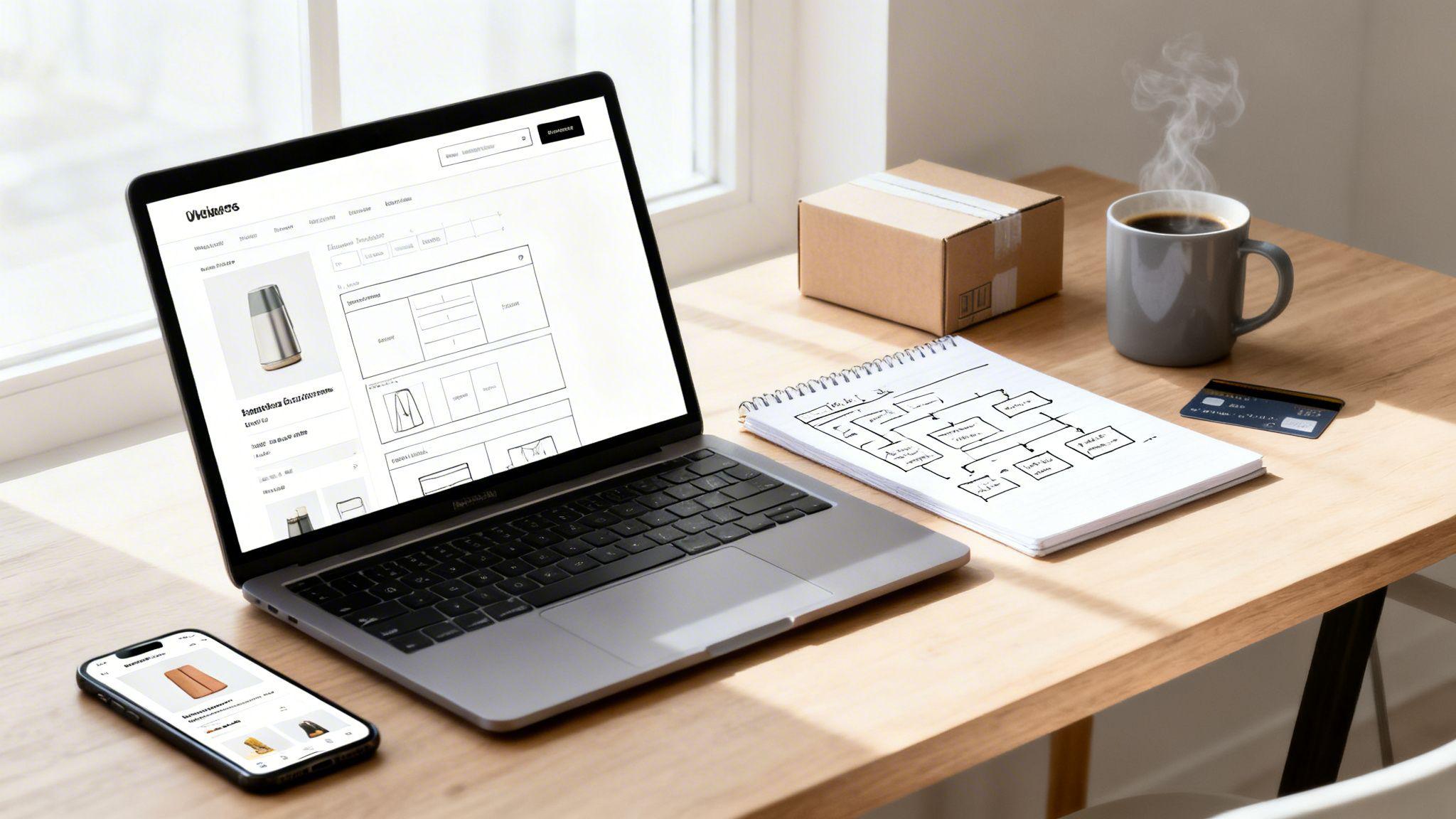Designer workspace with laptop showing ecommerce product page, wireframes, coffee, and mobile phone displaying online store