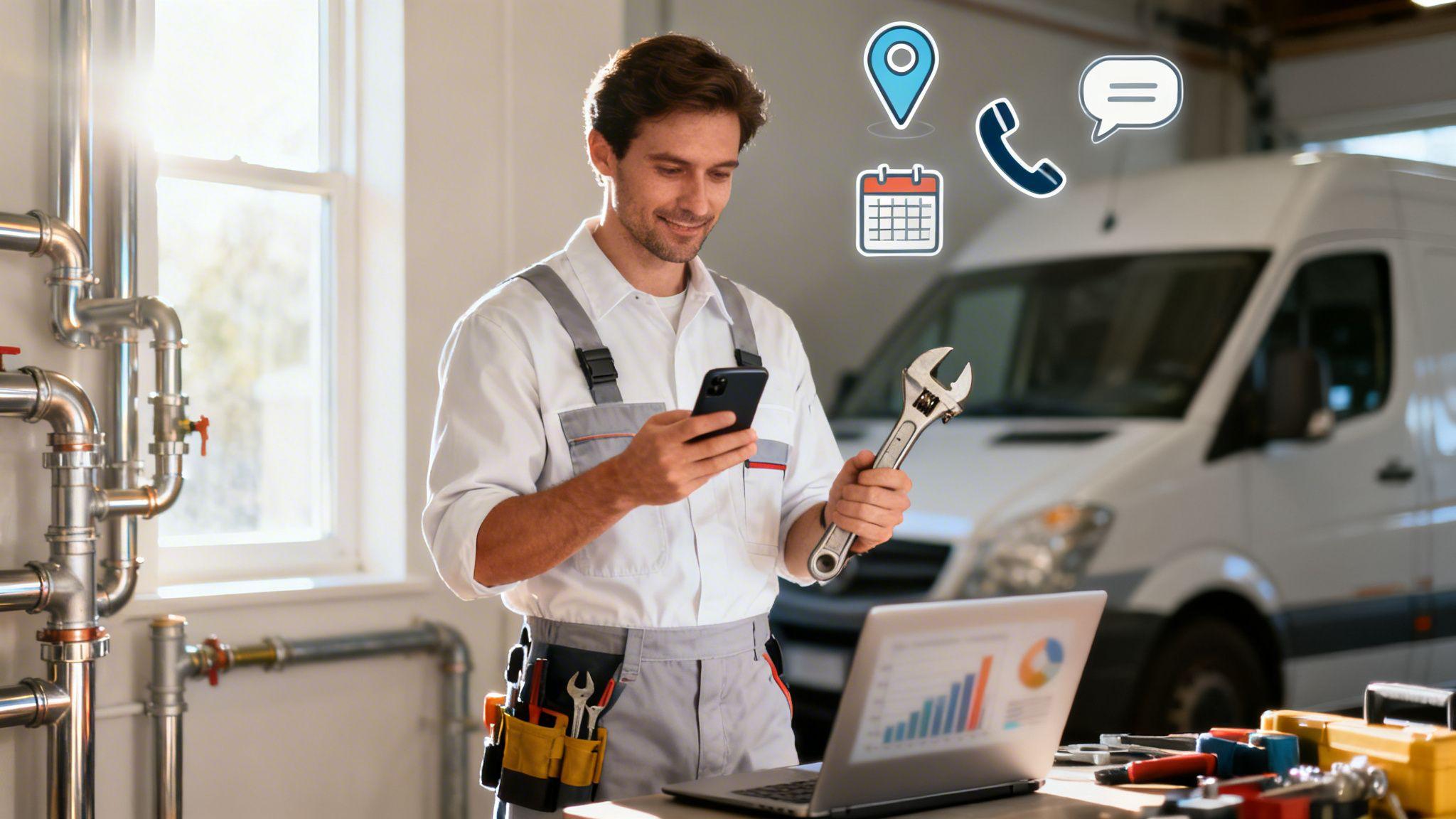 Plumber using smartphone and wrench in workshop with service icons and van in background