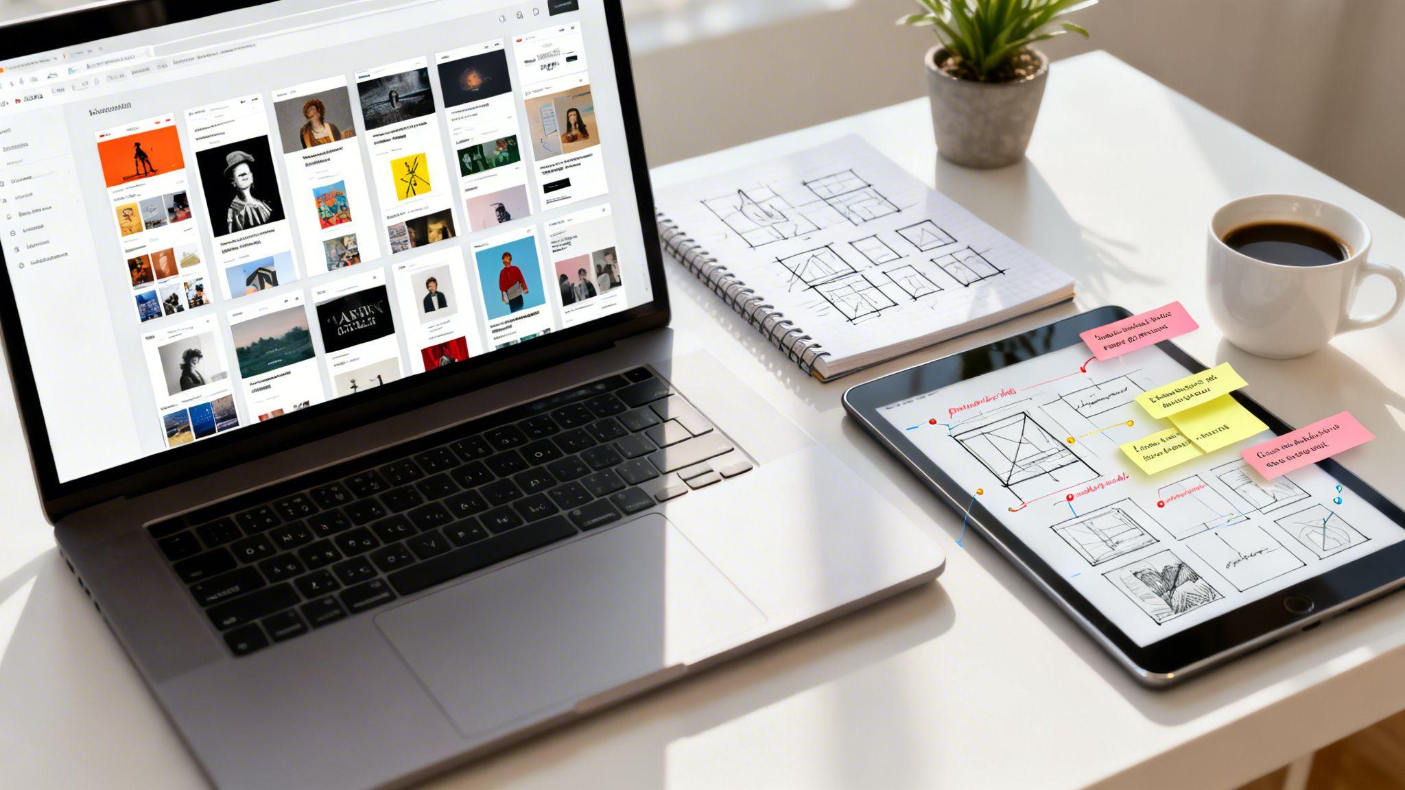 Designer's workspace with laptop showing portfolio gallery, tablet with wireframe sketches and sticky notes, notebook,