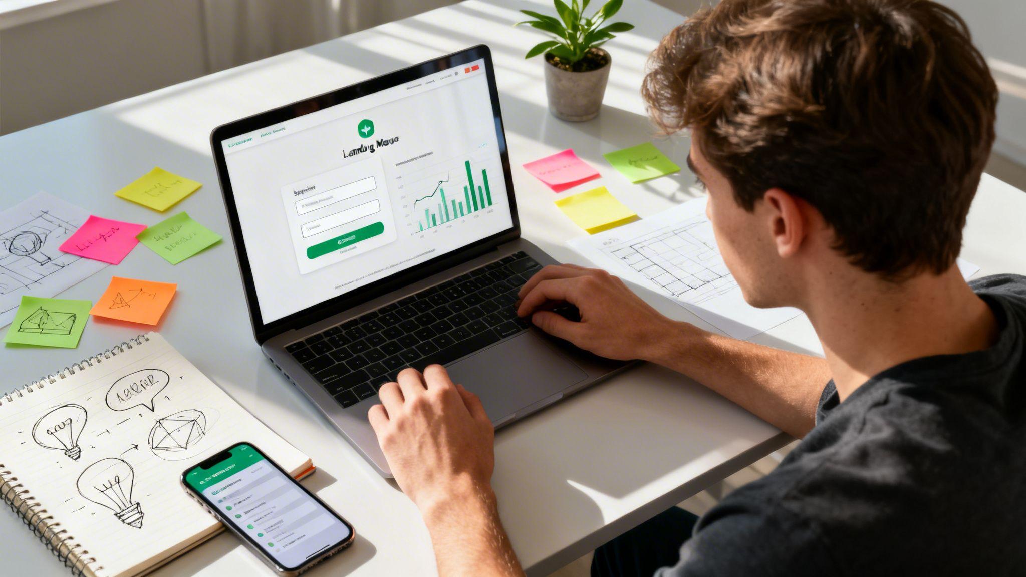 Developer reviewing Learning Nova analytics dashboard with business sketches and sticky notes on desk