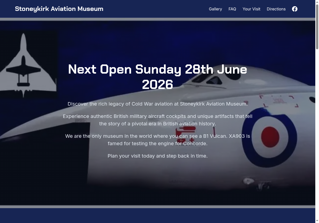 Screenshot of the Stoneykirk Aviation Museum website built with Solo