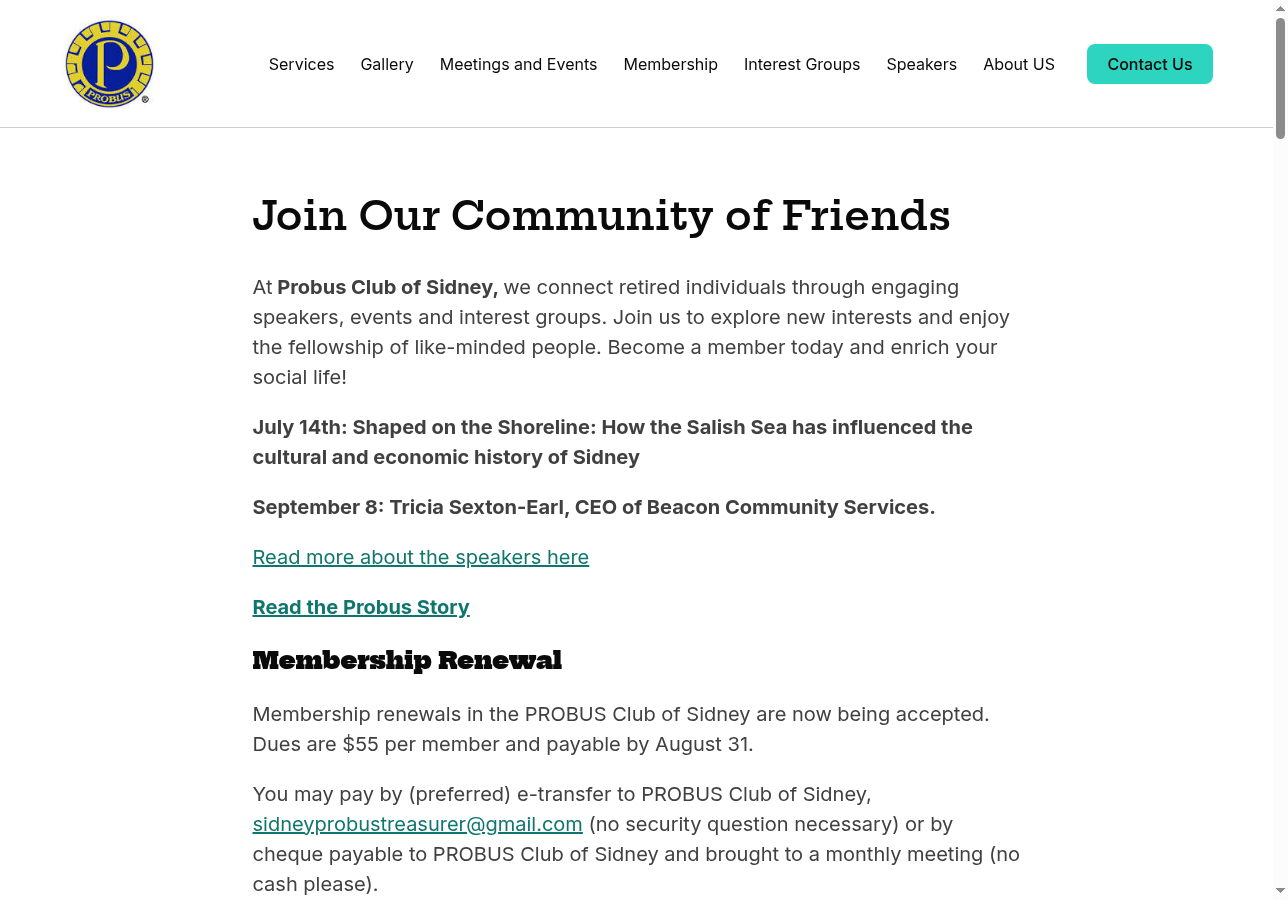 Screenshot of the Probus Club of Sidney website built with Solo AI Website Creator