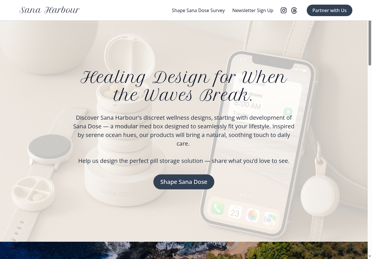 The Sana Harbour website built on Solo AI Website Creator — a customer-research site for a smart pill organiser startup