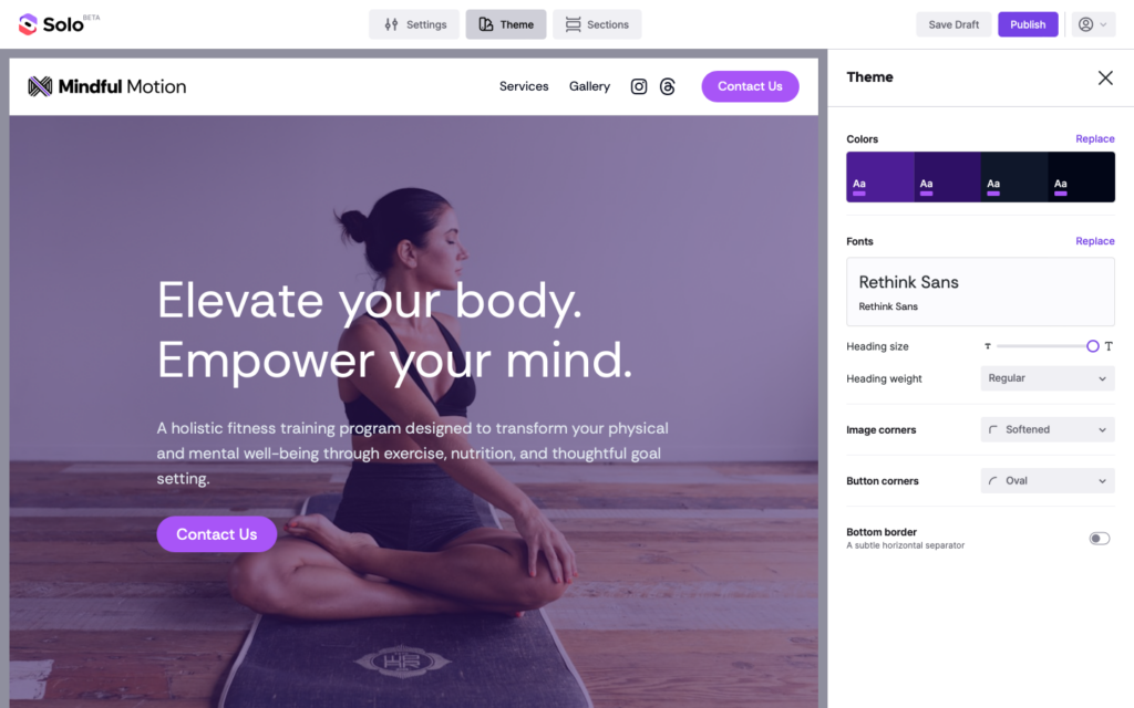 Composed by AI A webpage for "Mindful Motion" with a woman meditating on a yoga mat. Text reads: "Elevate your body. Empower your mind." ... - Solo AI Website Creator